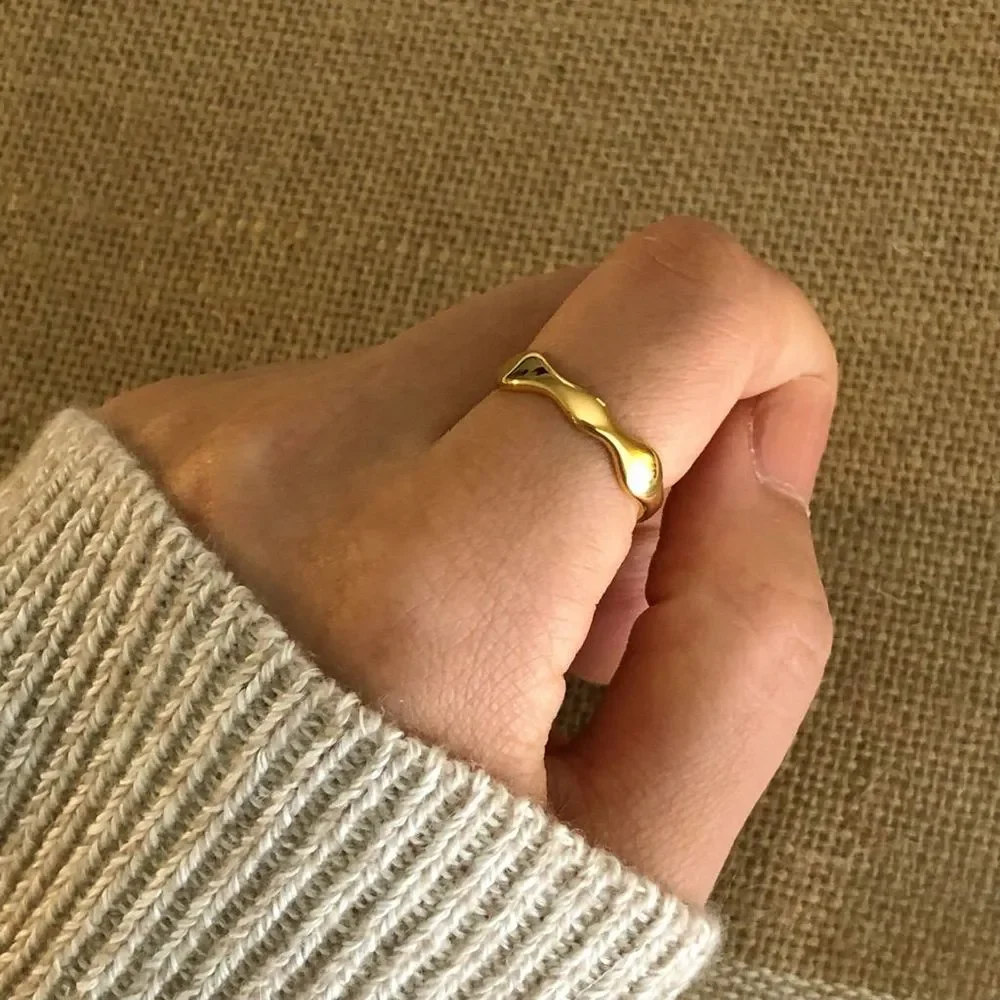 18K Thick Gold Plated Organic Hand Finished Edge Oceanic Wave Ring